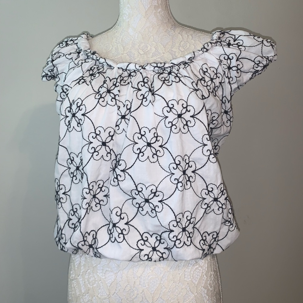 White Floral-Embroidered Off-Shoulder Peasant Top